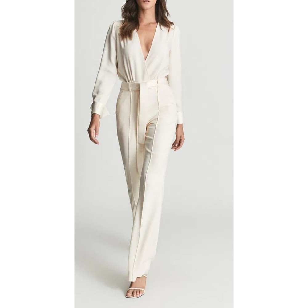 REISS Tuxedo Jumpsuit Size 6 Ivory Elsa Satin‎ Trim Flared Pants
